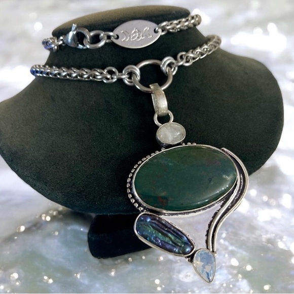 925 sterling silver overlay heliotrope moonstone opalite & pearl boho necklace - Picture 3 of 14